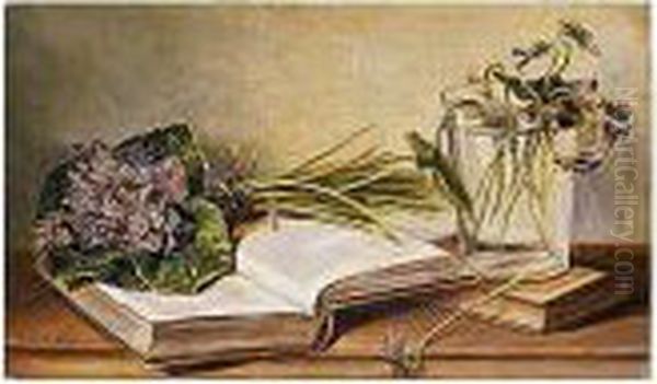 Ramillete De Lirios Sobre Libro Abierto Y Vaso Con Flores - view 1