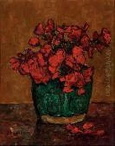 A Still Life With Red Flowers In A Green Vase by Jan Adam Zandleven