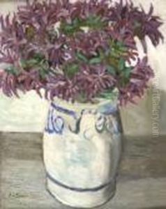 Bouquet Of Purple Flowers In Blue And White Vase Bouquet Of Purple Flowers In Blue And White Vase
