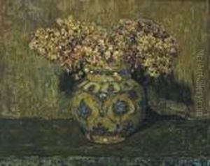 A Still Life With Flowers In A Blue And White Vase