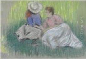 Sull'erba (femme Et Fillette Assieses Sur L'herbe) by Federigo Zandomeneghi