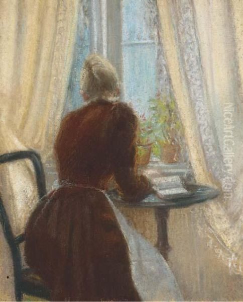 Une Femme Assise Dans Un Interieur, Vue De Dos Devant Une Fenetre - view 1