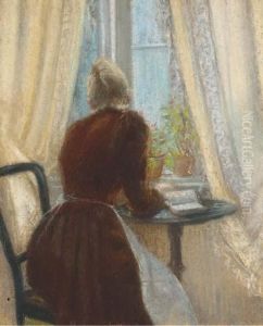Une Femme Assise Dans Un Interieur, Vue De Dos Devant Une Fenetre
