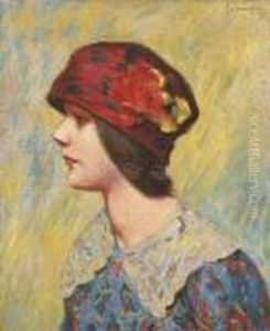 Profile De Jeune Fille En Buste Chapeau Rouge Garni De Fleurs by Federigo Zandomeneghi