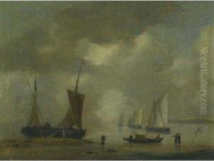 A Coastal Scene With Dutch Ships Moored Offshore