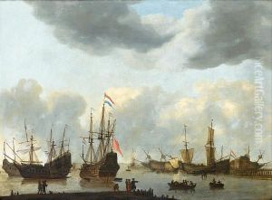 Dutch Shipping In Calm Sees Under A Stormy Sky