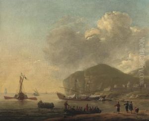 Shipping Before A Mediterranean Coast With A Fortified Town Near Acliff
