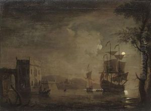 An English Warship Drifting Down The River Under The Cover Of Darkness