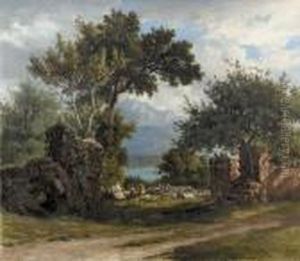 Landschaft Mit Bauerin Vor Pilatus Am Vierwaldstattersee.