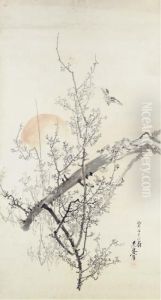 Sparrows On Plum Branch At Sunset