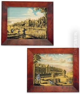 Soldiers On The Banks Of A River, With Manor Homes
Amidst Trees In The Background, The Other Representing A Soldier
And A Dog Before A River With Rows Of Houses In The Background,
Each Within A Rectangular Mahogany Frame by Jonas Zeuner
