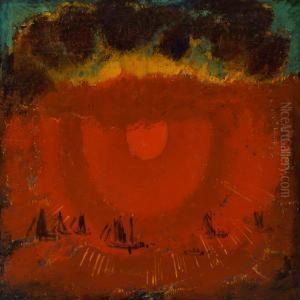 Ships In A Red Sunset by Ernst Zeuthen