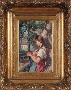 Strickendes Madchen Im Garten by Carl Zewy