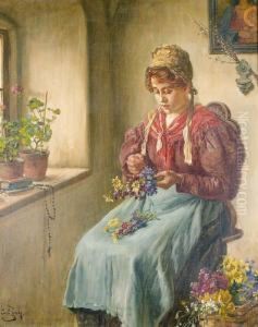 Junge Frau Beim Blumenstraussbinden. by Carl Zewy
