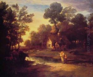 Wooded Landscape with Cattle by a Pool and a Cottage at Evening by Thomas Gainsborough