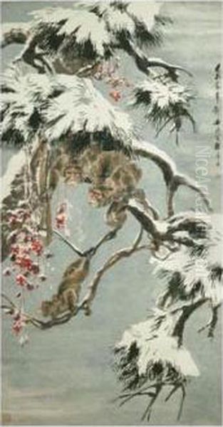 Apes Among Snowy Pines - view 1