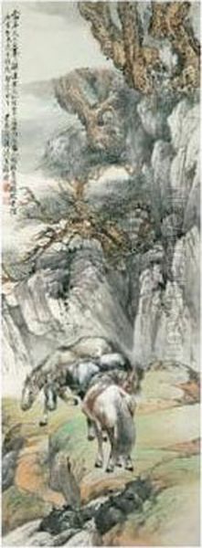 Horses By A Stream Under Pine Cliffs - view 1