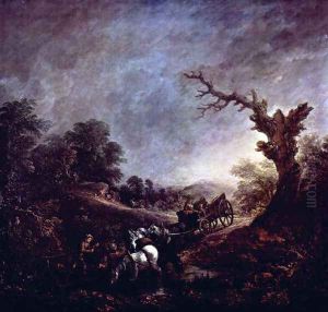 Sunset, Carthorses Drinking at a Stream