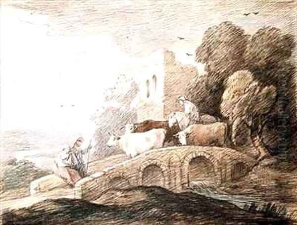 A bridge with cattle passing over - view 1