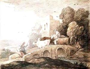 A bridge with cattle passing over