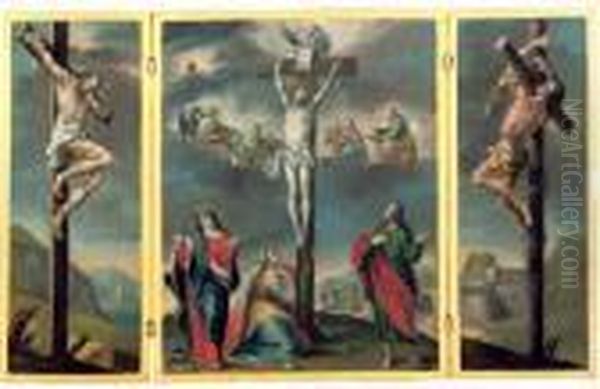 A Crucifixion Triptych: Central
Panel: The Crucifixion With God The Father And The Four Evangelists;
Left Wing: The Good Thief; Right Wing: The Bad Thief - view 1