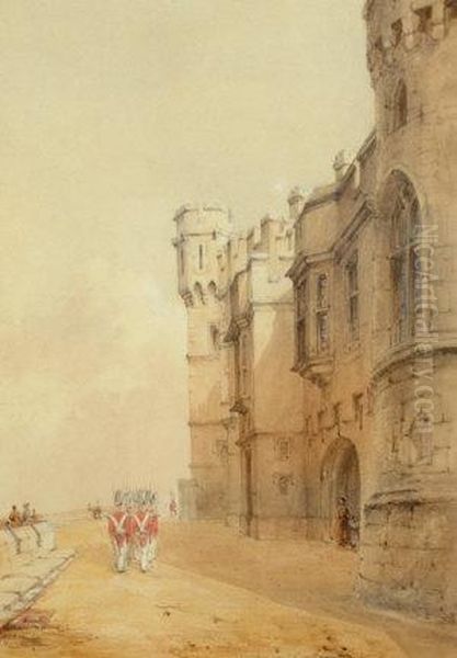Guards Marching Before The North Entrance To Windsor Castle; Watercolour, 29.3x19.5cm - view 1