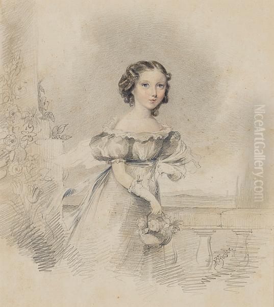 A Girl, Three-quarter Length, 
Standing Beside A Balustrade, Wearing Dress With Lace Trim And Puff 
Sleeves, Shawl And Gloves, She Holds A Basket Of Flowers. - view 1