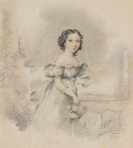 A Girl, Three-quarter Length,
Standing Beside A Balustrade, Wearing Dress With Lace Trim And Puff
Sleeves, Shawl And Gloves, She Holds A Basket Of Flowers. A Girl, Three-quarter Length,
Standing Beside A Balustrade, Wearing Dress With Lace Trim And Puff
Sleeves, Shawl And Gloves, She Holds A Basket Of Flowers.