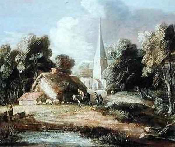 Landscape with a Church Cottage Villagers and Animals - view 1