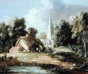 Landscape with a Church Cottage Villagers and Animals