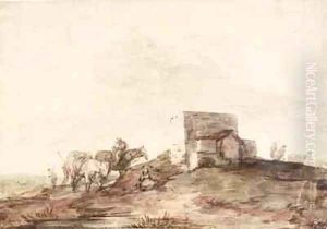 Open Landscape with a Building and Horses and Riders Resting by a Pool