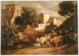 Mounted Drover Driving Home a Herd of Cattle