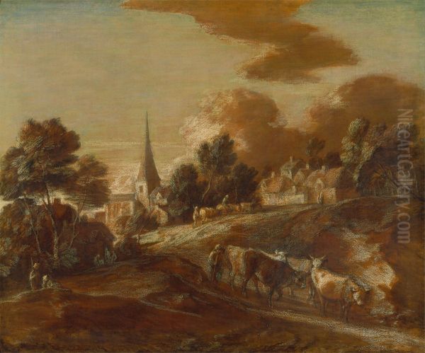 An Imaginary Wooded Village with Drovers and Cattle - view 1