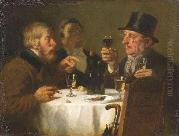 Three Dignitaries Tasting Wine. Oil/panel, Signed - view 1