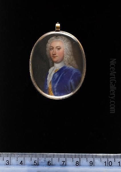 A Gentleman, Wearing Blue Coat,
Yellow Waistcoat, Frilled White Chemise, Matching Stock And Full Length
Powdered Wig. - view 1