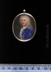 A Gentleman, Wearing Blue Coat, 
Yellow Waistcoat, Frilled White Chemise, Matching Stock And Full Length 
Powdered Wig.