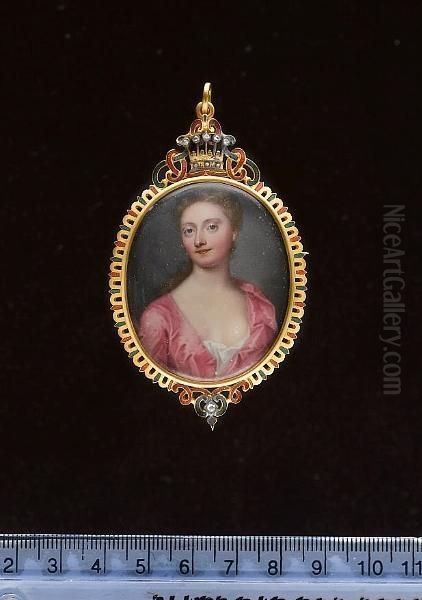 Frances Lumley-saunderson,
Countess Of Scarbrough (nee Douglas) (d.1772), Wearing Revealing Pink
Dress Over White Underslip, Her Light Brown Hair Falling Over Her Right
Shoulder. - view 1