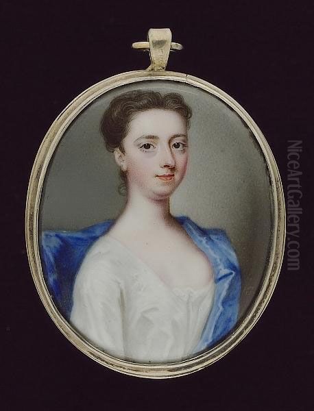A Lady, Wearing White Dress And Blue Cape, Her Brown Hair Upswept - view 1