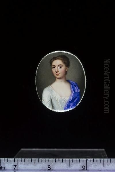 A Lady, Wearing White Dress And 
Blue Shawl Over Her Left Shoulder, Her Hair Upswept (hairline Crack) - view 1