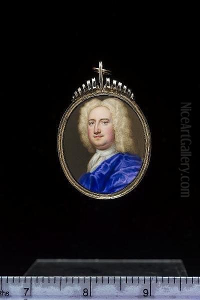 A Gentleman, Wearing Blue Cloak, White Cravat And Full-bottomed Powdered Wig - view 1