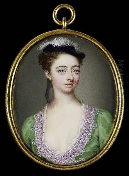 A Lady, Wearing Decollete
Leaf-green Dress Trimmed With White Lace Over Pink Ribbon And Black
Velvet Cap Trimmed With White Ostrich Feathers, Her Hair Upswept And
Tied With A Trailing Grey Ribbon - view 1