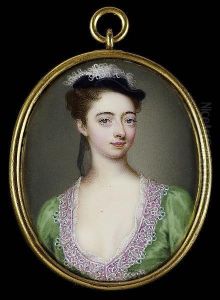 A Lady, Wearing Decollete 
Leaf-green Dress Trimmed With White Lace Over Pink Ribbon And Black 
Velvet Cap Trimmed With White Ostrich Feathers, Her Hair Upswept And 
Tied With A Trailing Grey Ribbon