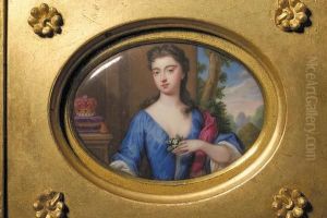 A Miniature Portrait Of A 
Duchess In A Blue Dress, With White Under Dress And Crimson Cloak, 
Holding A Flower, An Ermine-trimmed Coronet To Her Right, Against A 
Landscape Background