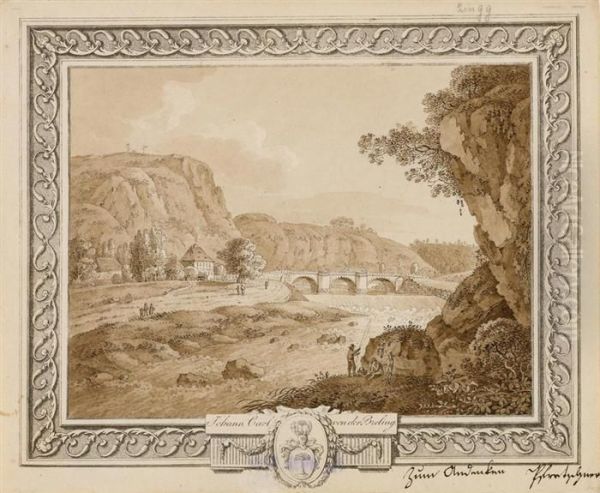 Romantic River Landscape With Bridge, Weir And Angler. - view 1