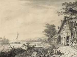 River Landscape With Figures By An Inn by Adrian Zingg