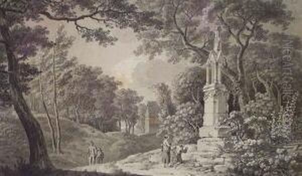 Bauernfamilie In Hugeliger Landschaft, Vor Einem Bildstock Knieend - view 1