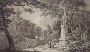 Bauernfamilie In Hugeliger Landschaft, Vor Einem Bildstock Knieend by Adrian Zingg