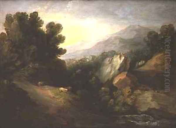 Rocky wooded landscape with sheep by a waterfall - view 1