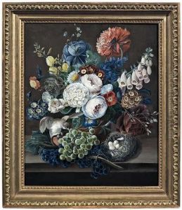 Still- Lifewith Flowers, Fruits,
Bird And A Bird's Nest. Gouache On Cardboard,signed And Dated "9/840" by Leopold Zinnogger