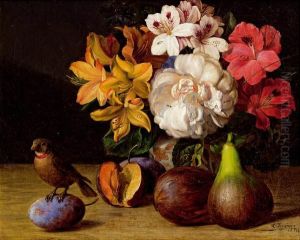 Stillleben Mit Blumen, Obst Und Vogel